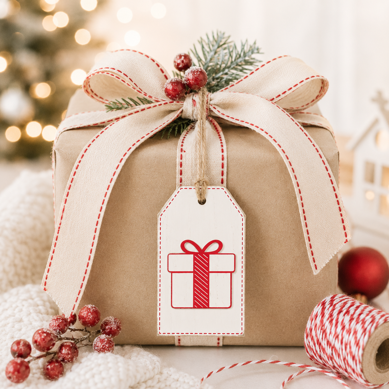 5" Reversible Wood Tag - Tree and Present | Red and White