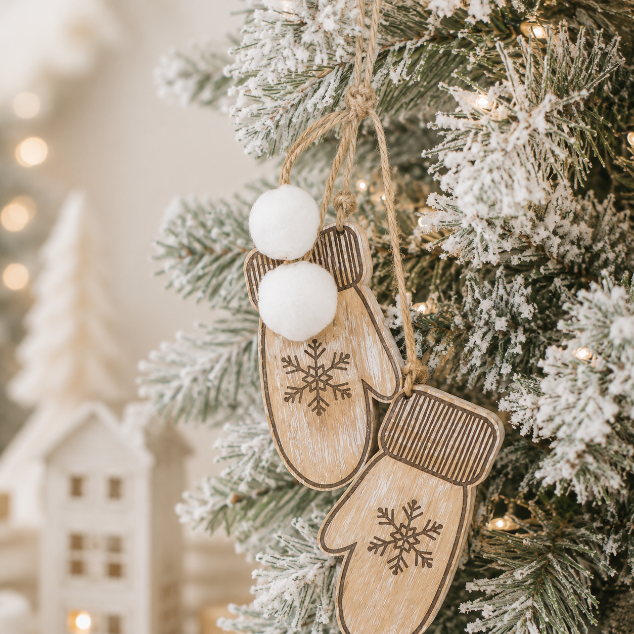 11" Reversible Hanging Wood Ornament - Mittens | Natural, White and Black