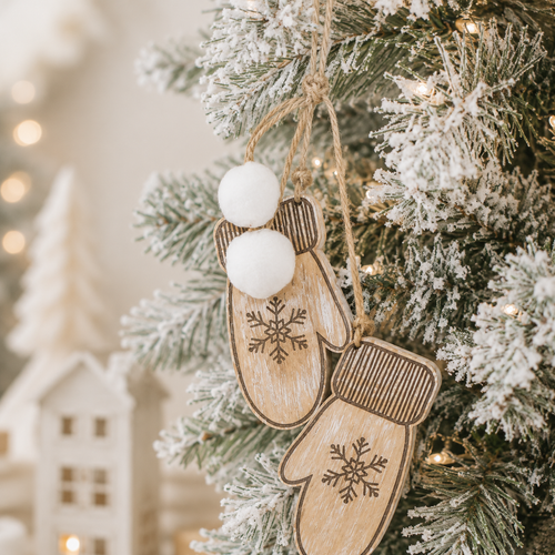 11" Reversible Hanging Wood Ornament - Mittens | Natural, White and Black