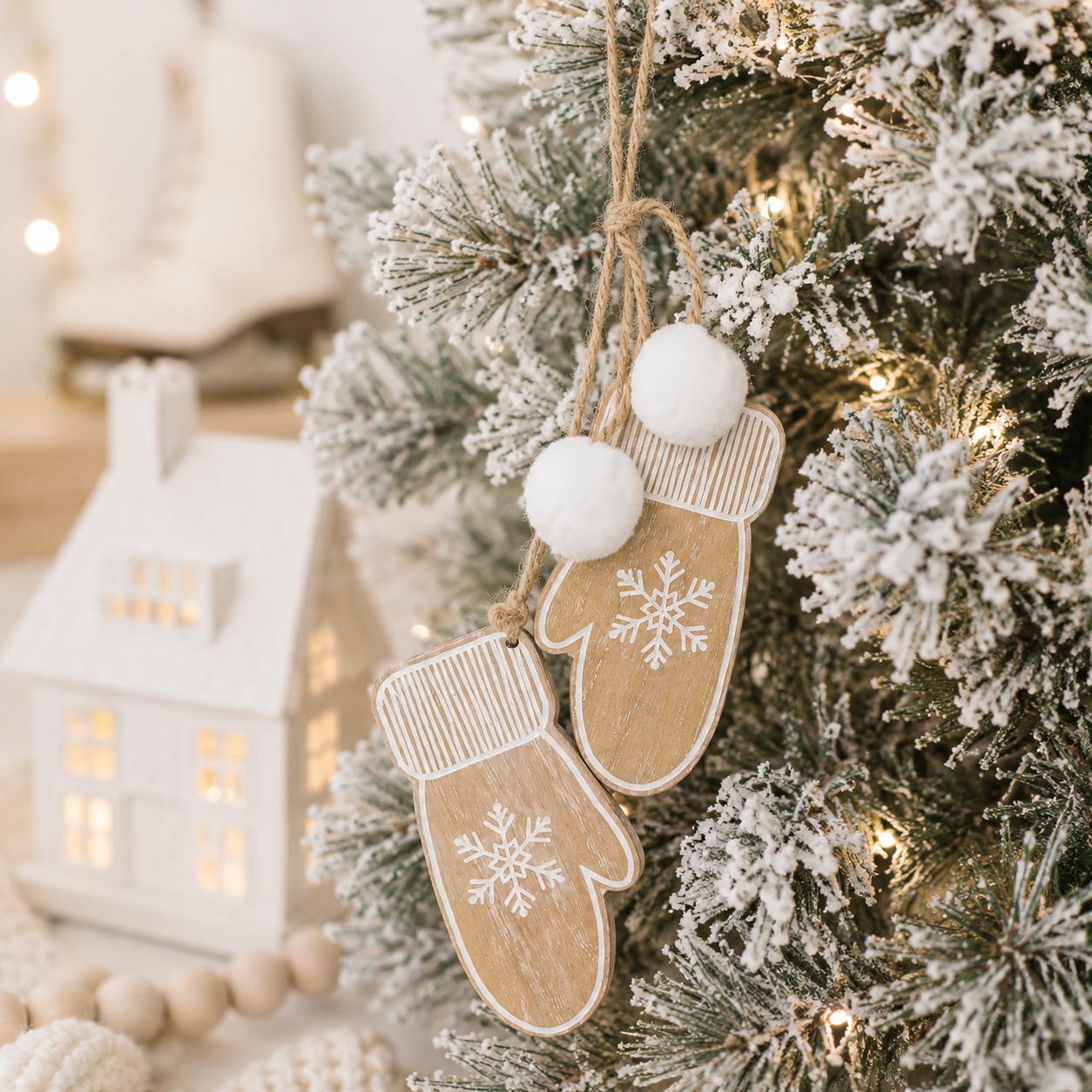 11" Reversible Hanging Wood Ornament - Mittens | Natural, White and Black
