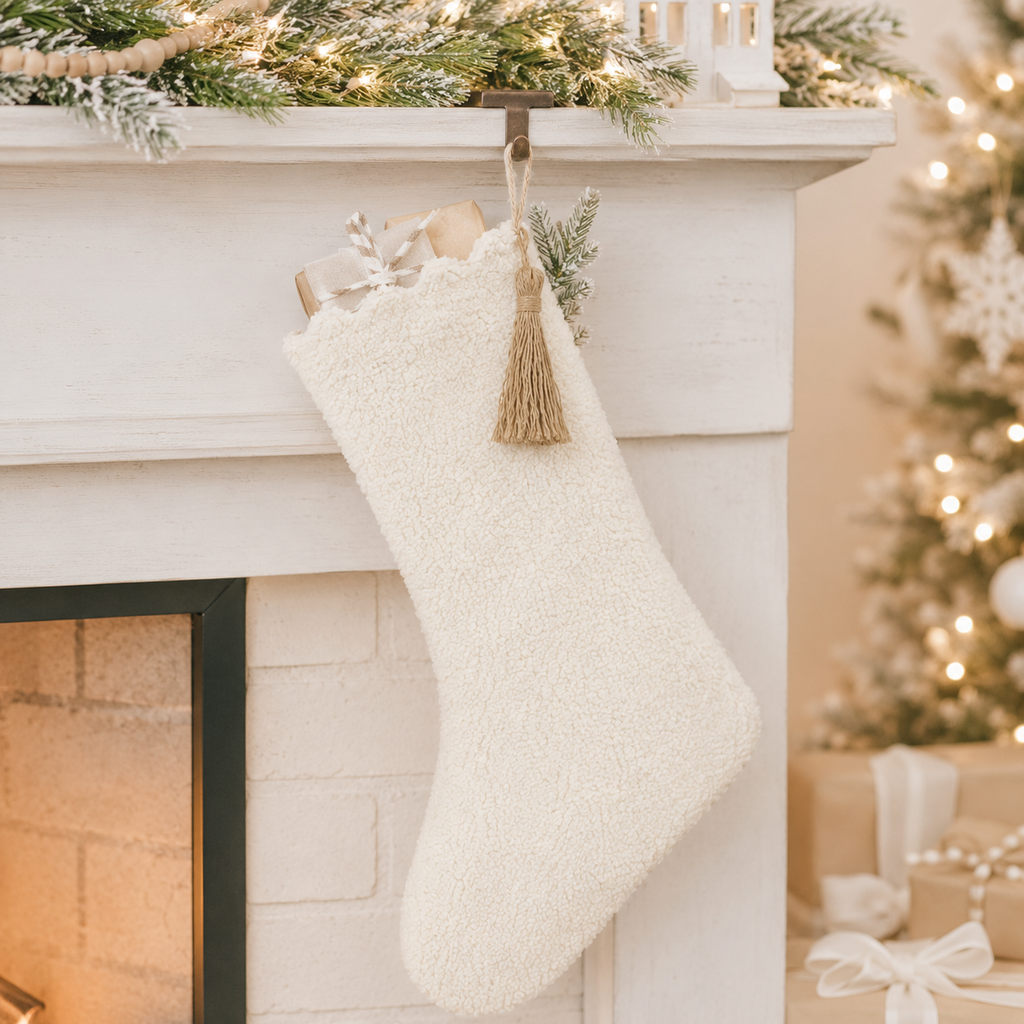 13" x 18" Cotton Stocking with Tassel - Holiday | White and Brown