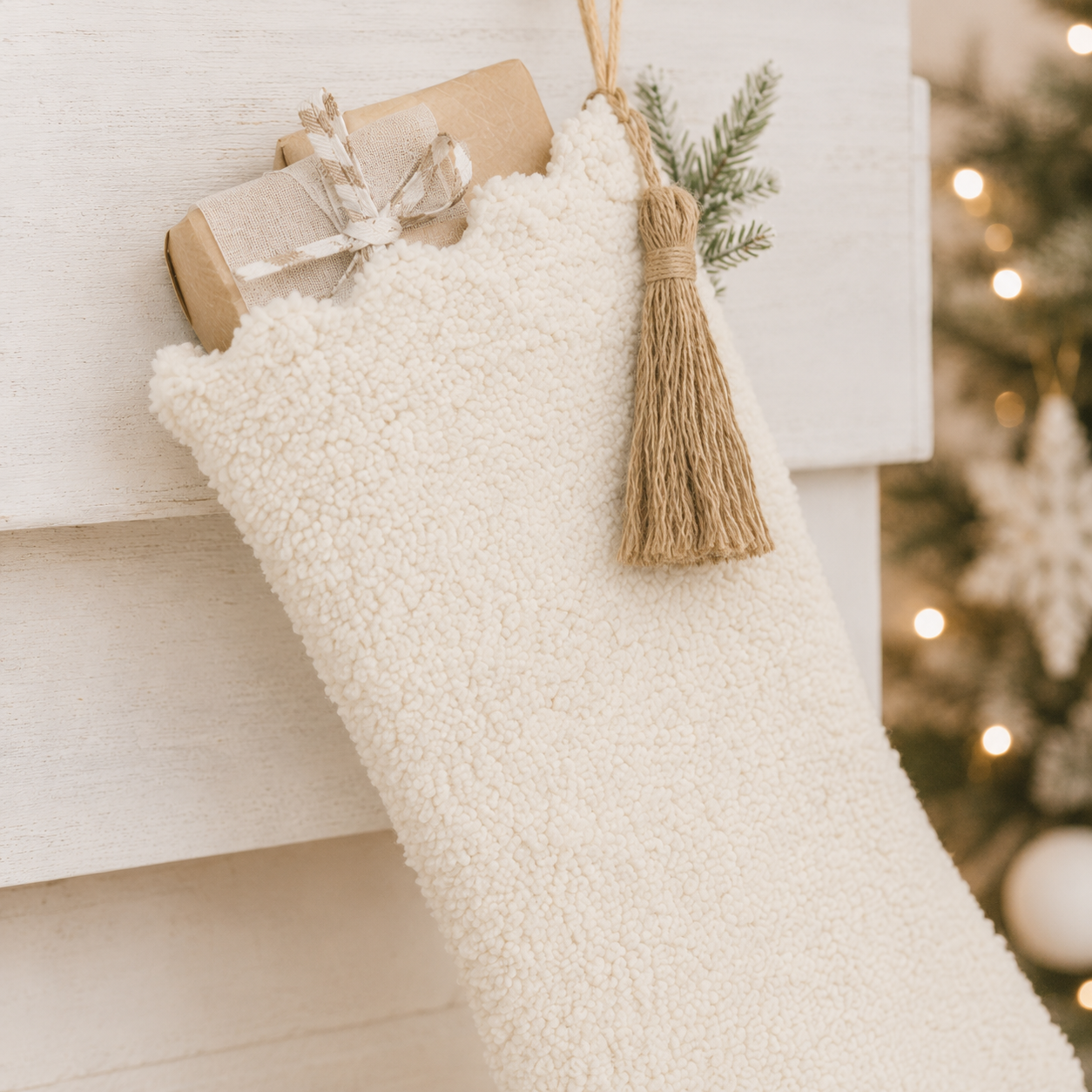 13" x 18" Cotton Stocking with Tassel - Holiday | White and Brown