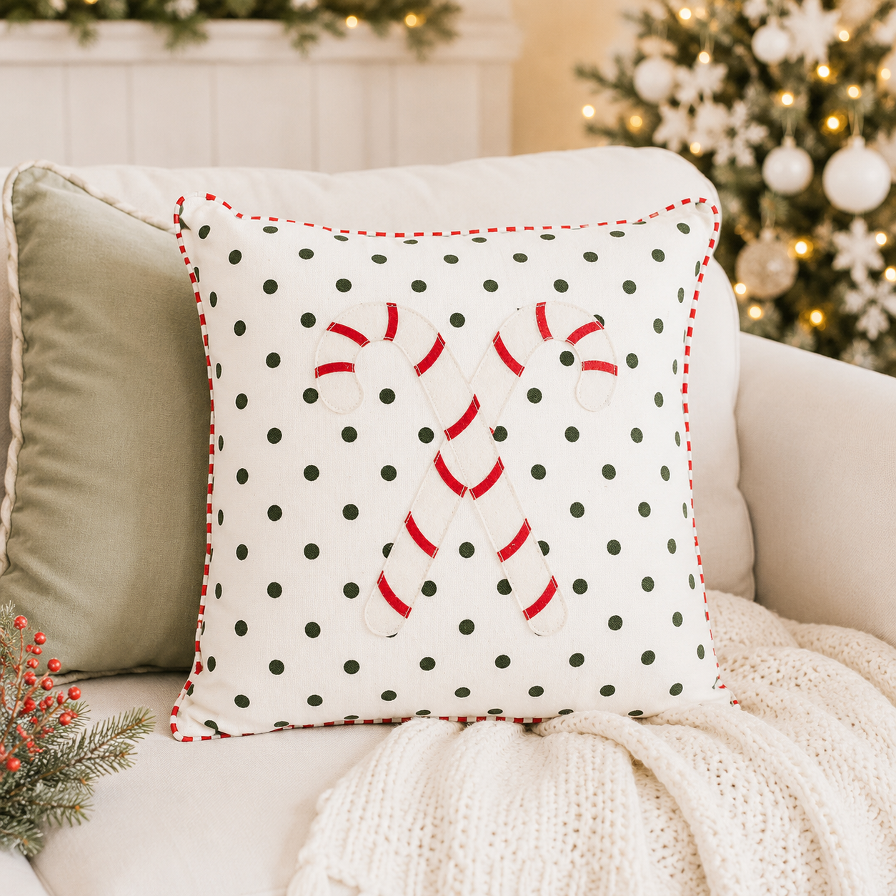 14" Reversible Pillow - Candy Cane | White, Red and Green