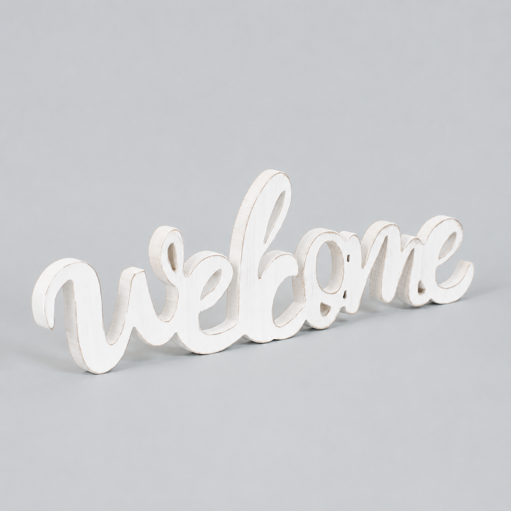 20" Wood Cutout - Welcome | White