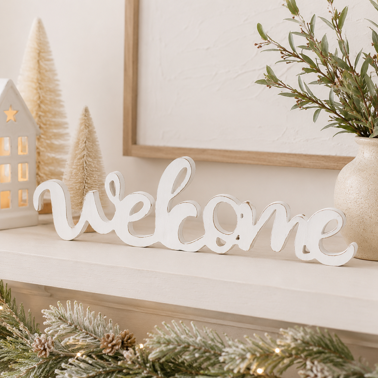 20" Wood Cutout - Welcome | White