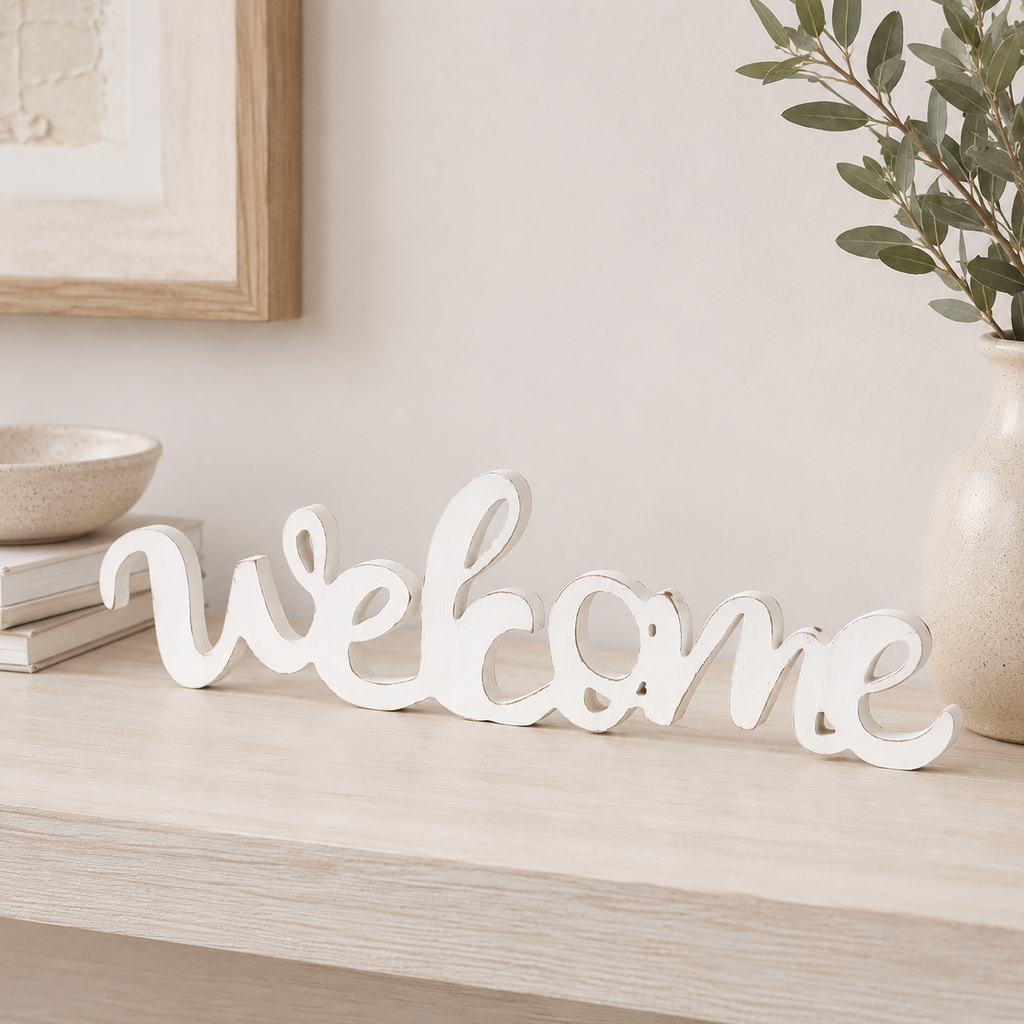 20" Wood Cutout - Welcome | White