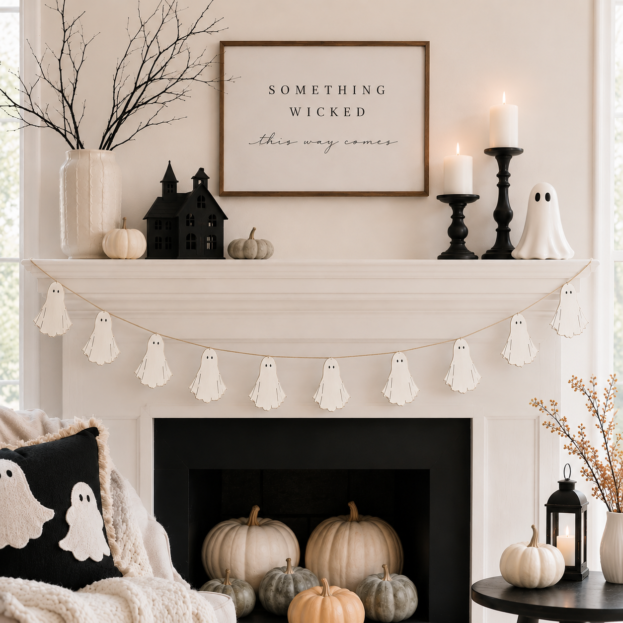 60" Wood Garland - Ghosts | White and Black