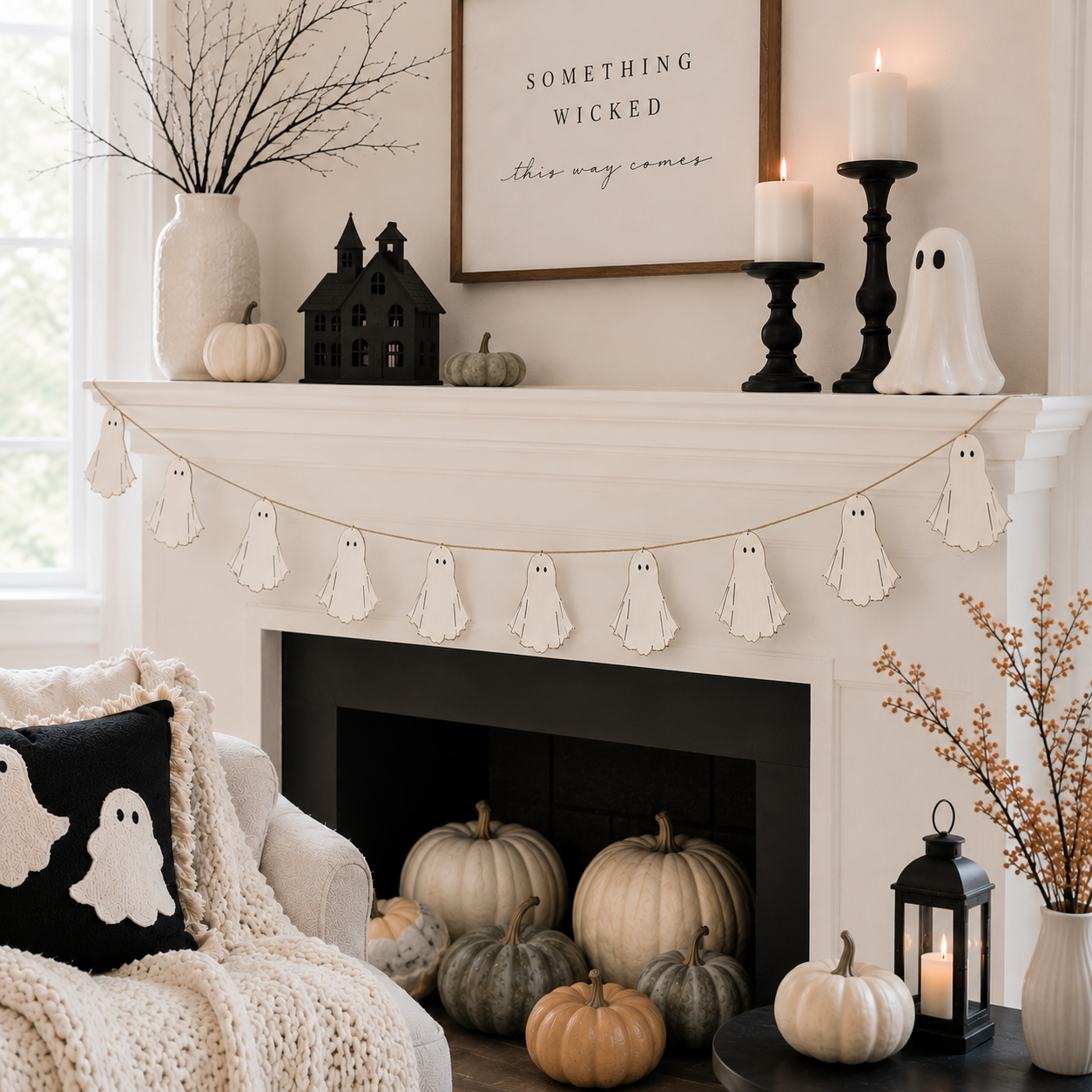 60" Wood Garland - Ghosts | White and Black