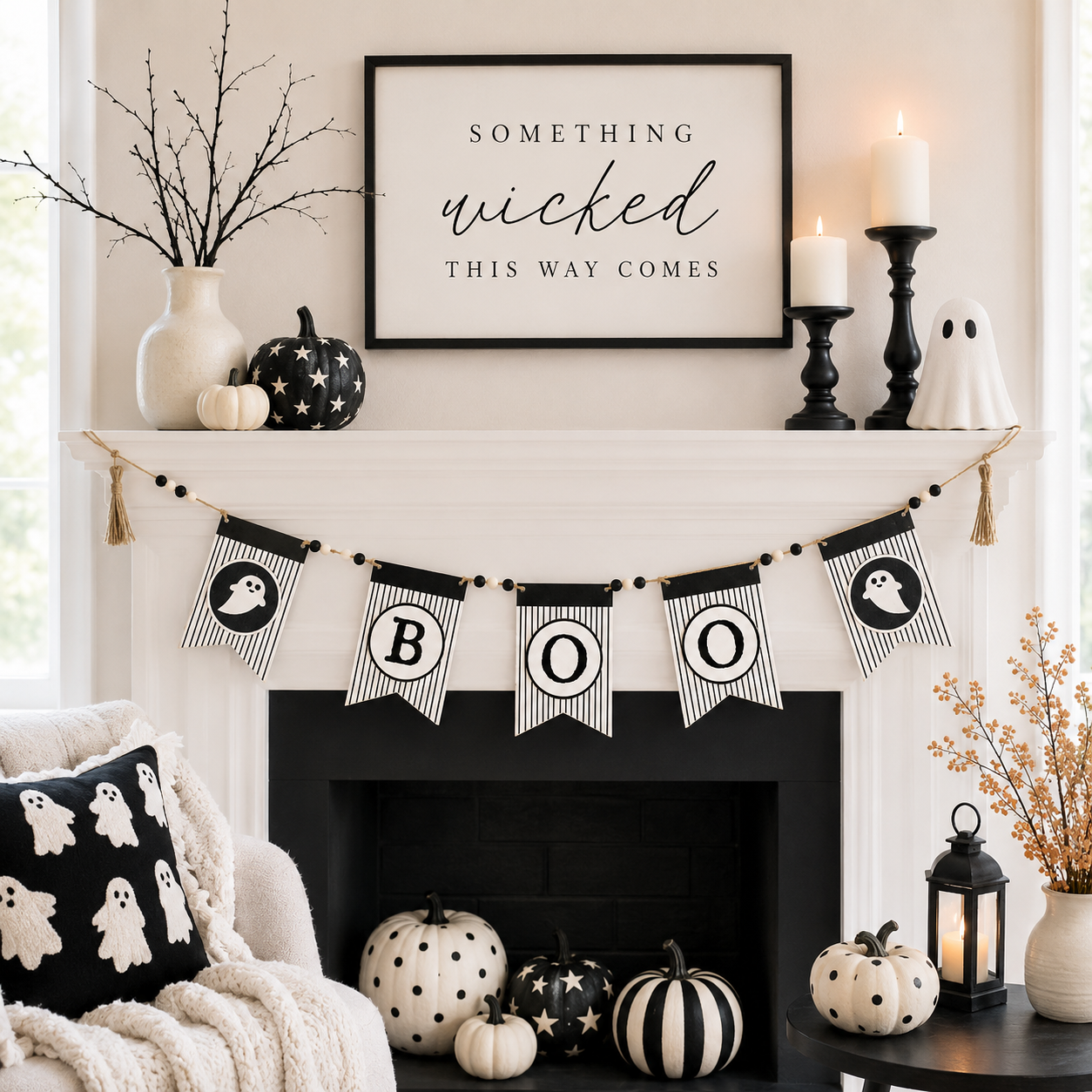 35" Reversible Wood Swag with Beads - Boo and Joy | White and Black