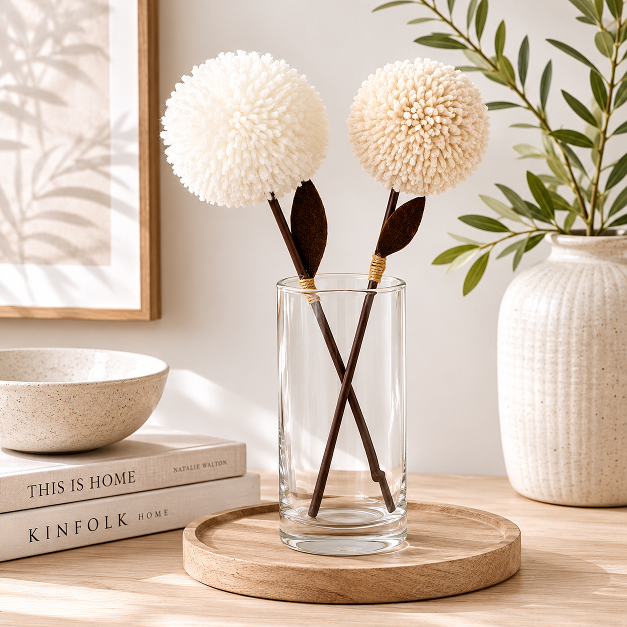 12" Pom Pom Flower Stems - Neutral and White (Set of 2)