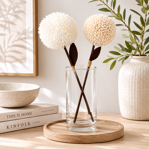 12" Pom Pom Flower Stems - Neutral and White (Set of 2)