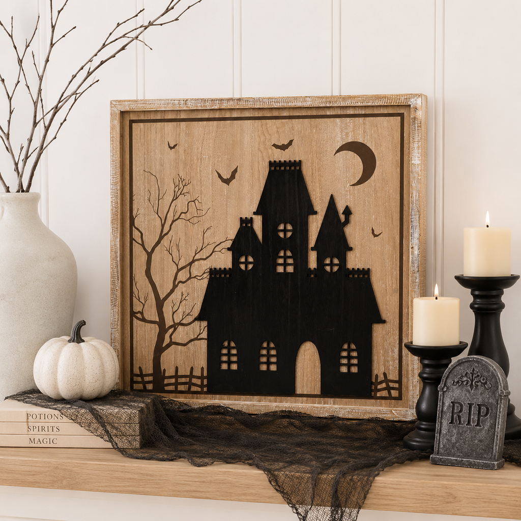 25" Reversible Wood Frame Sign - Haunted/Castle | Natural, White and Black