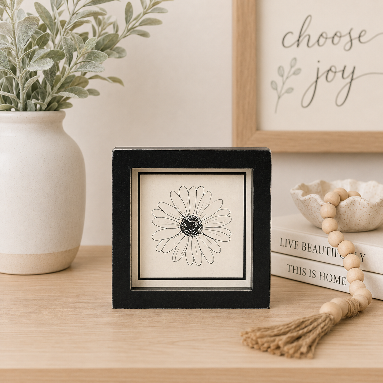 5" Reversible Wood Frame Sign - Flower/Happy Place | Neutral Mod Collection