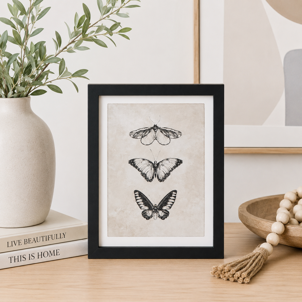10" x 12" Reversible Wood Framed Sign - Butterfly/Abstract | Black, White and Brown