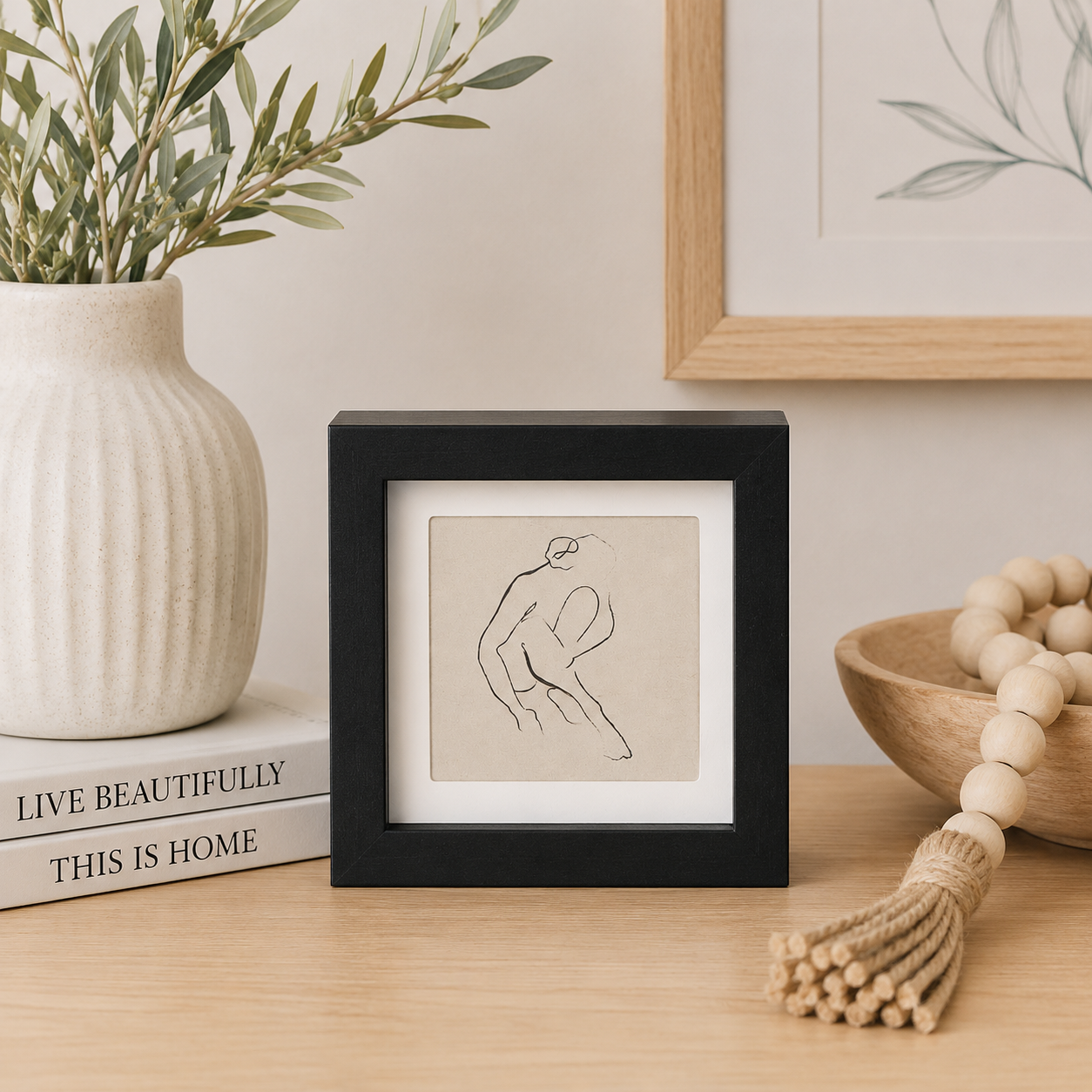 7" Reversible Wood Framed Sign - Woman and Bird | Black, White and Brown