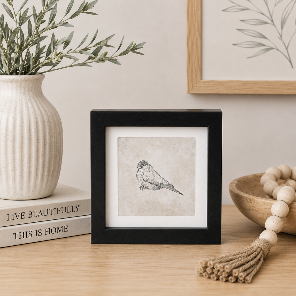7" Reversible Wood Framed Sign - Woman and Bird | Black, White and Brown