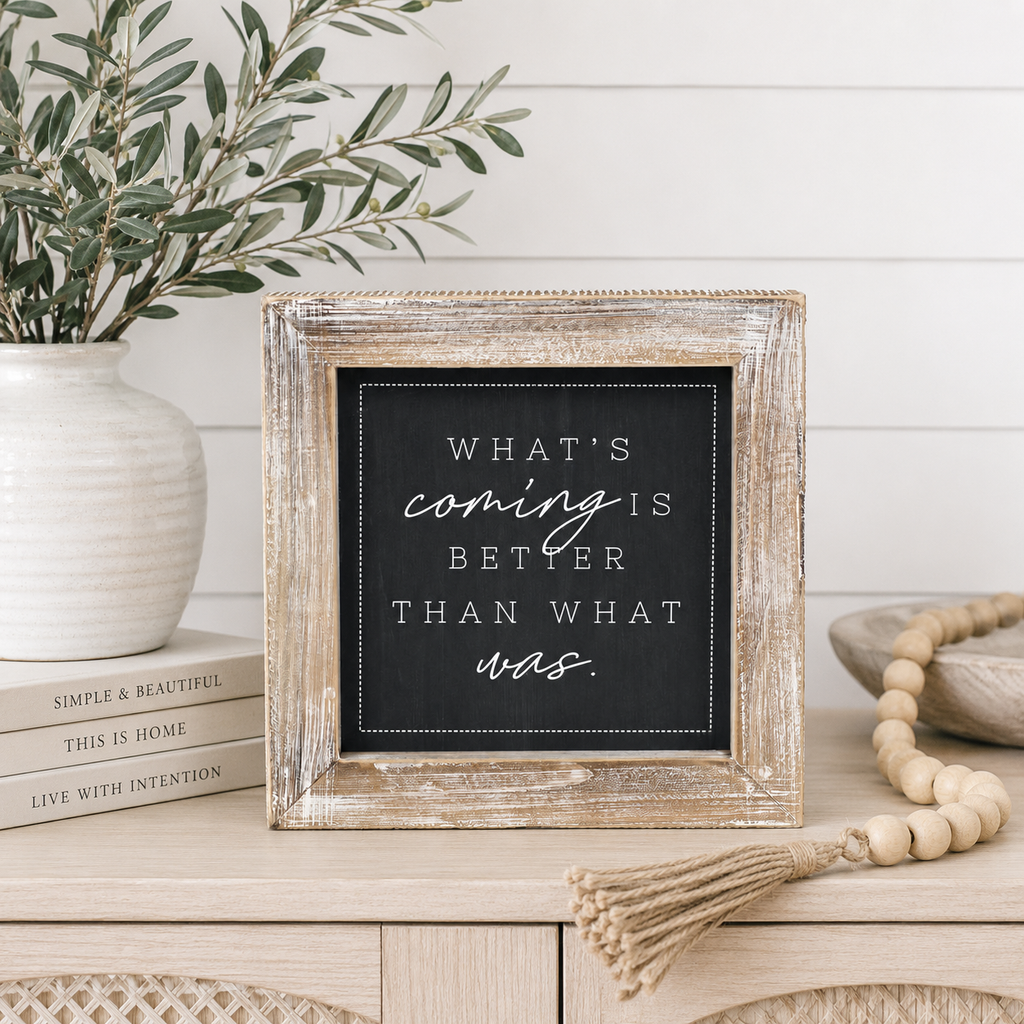 10" Reversible Wood Frame Sign - Coming/Joy | White and Gray