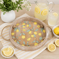 Round multicolor lemon wood decorative tray with raised rim.