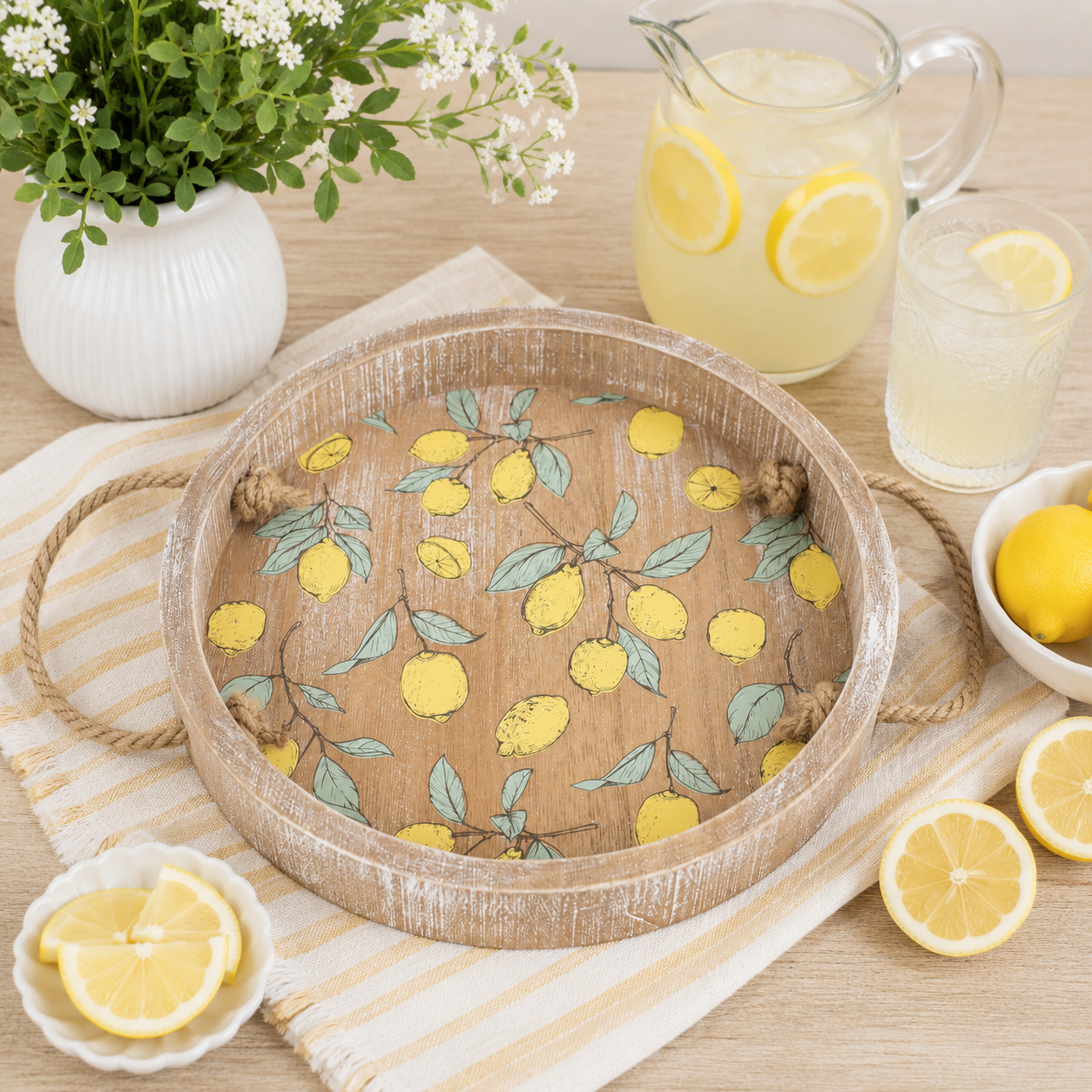 Round multicolor lemon wood decorative tray with raised rim.