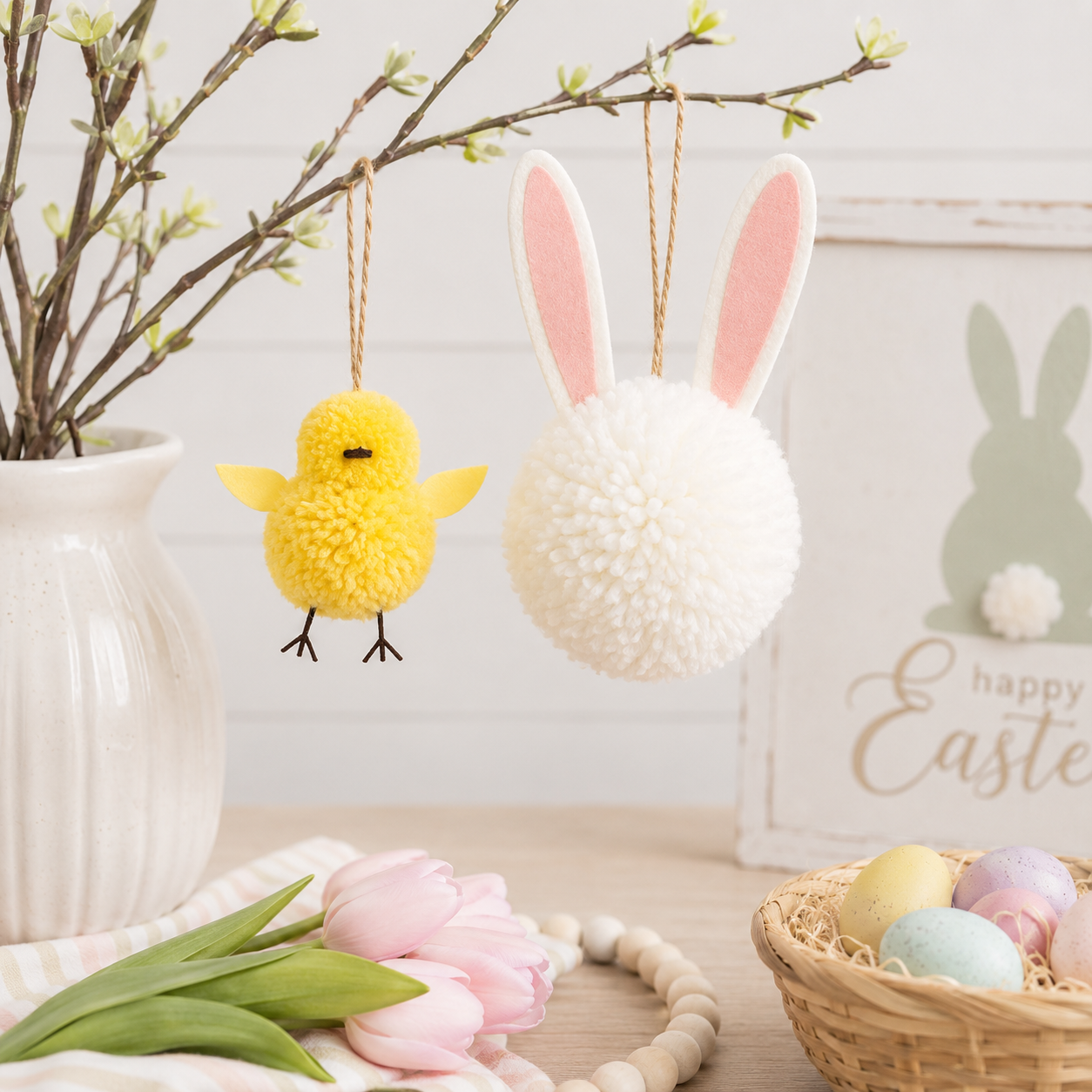 Pom Pom Ornament Set - Bunny & Chick | Multicolor | (Set of 2) | 2" and 4"