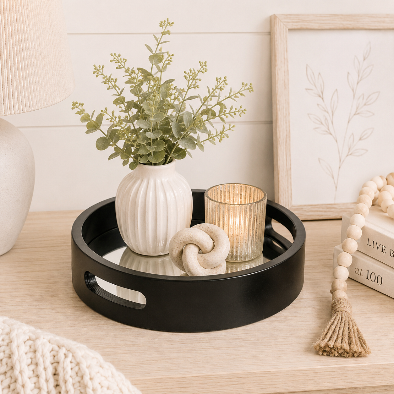 10" Round Wood Mirror Tray - Black | Neutral Mod Collection