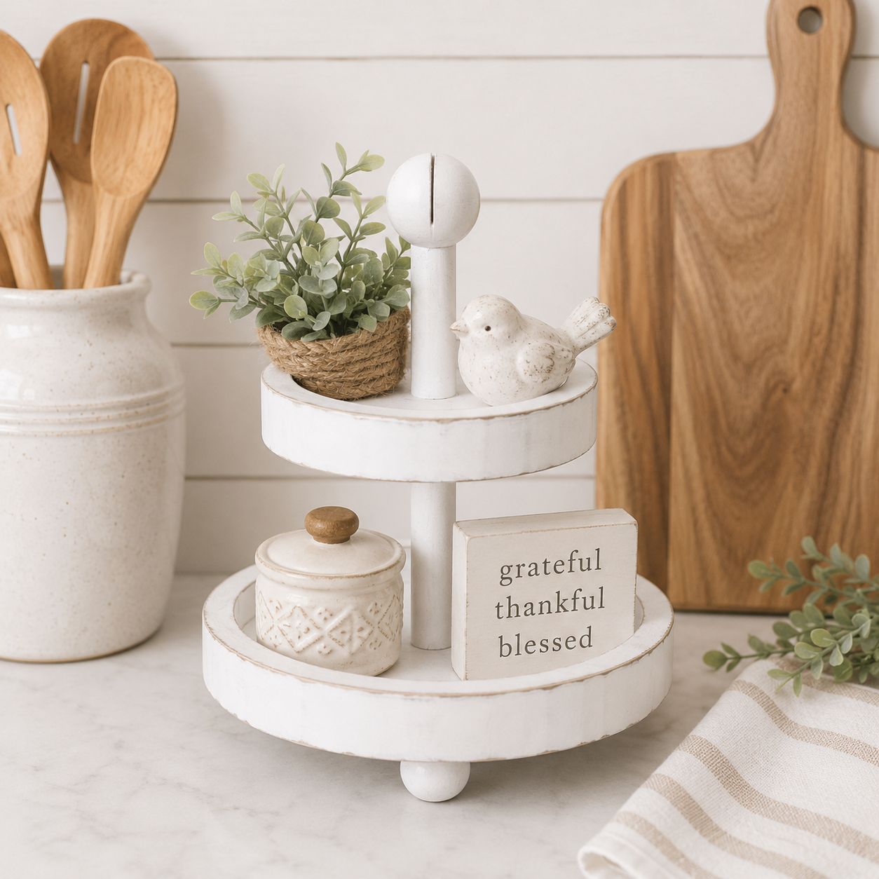 6" Mini Two-Tiered Wood Tray - White