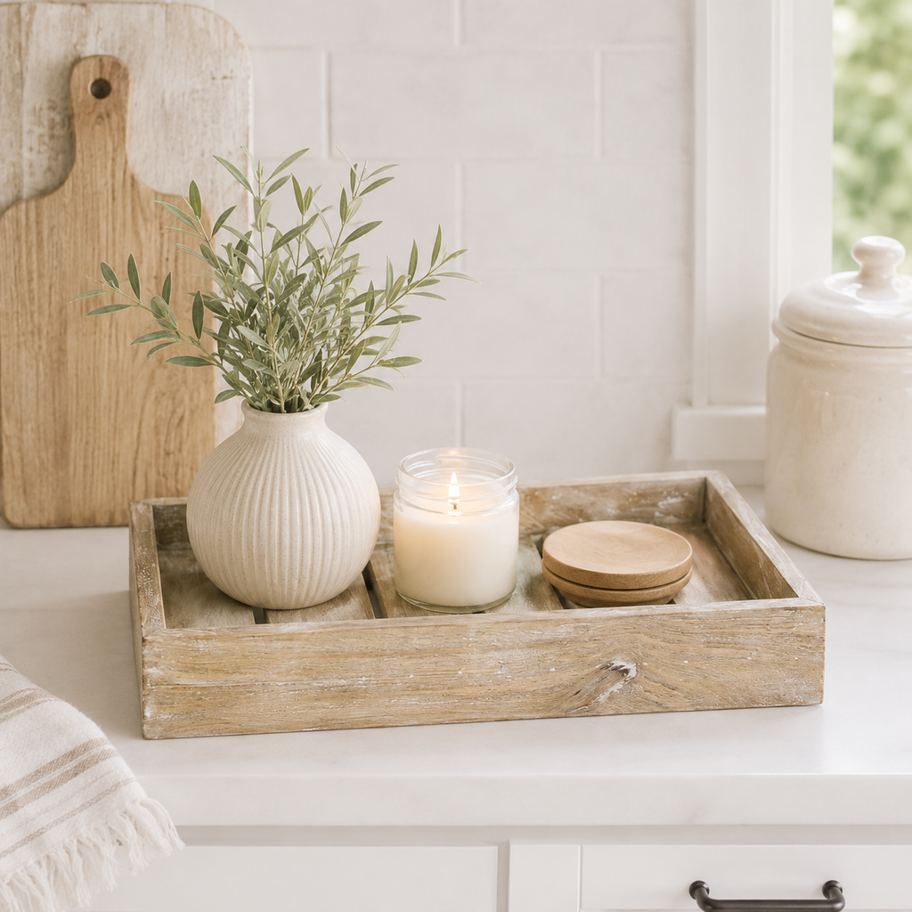 Natural white mango wood decorative tray with raised sides and handles.