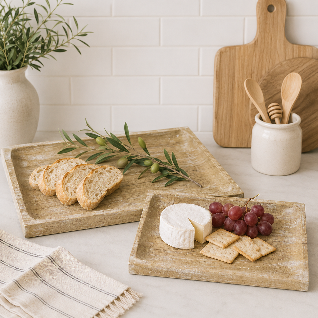 Mango Wood Platter Set - Natural and White (Set of 2) | 14x10 & 12x8