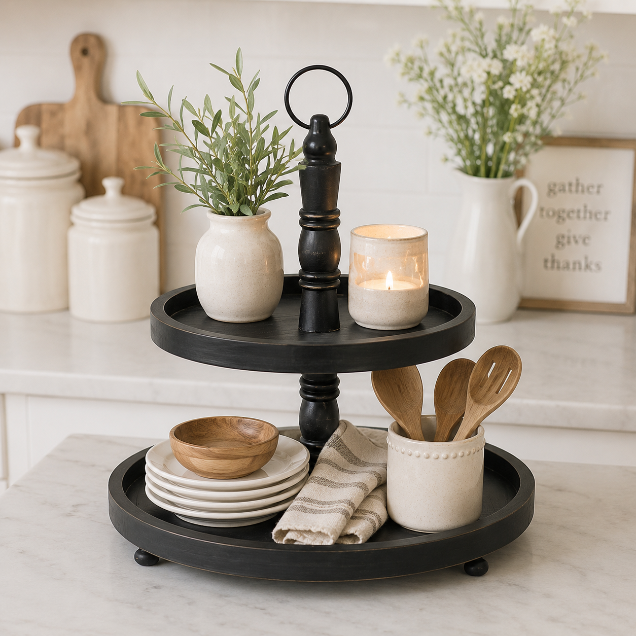 16" x 18" Two-Tiered Wood Tray - Black