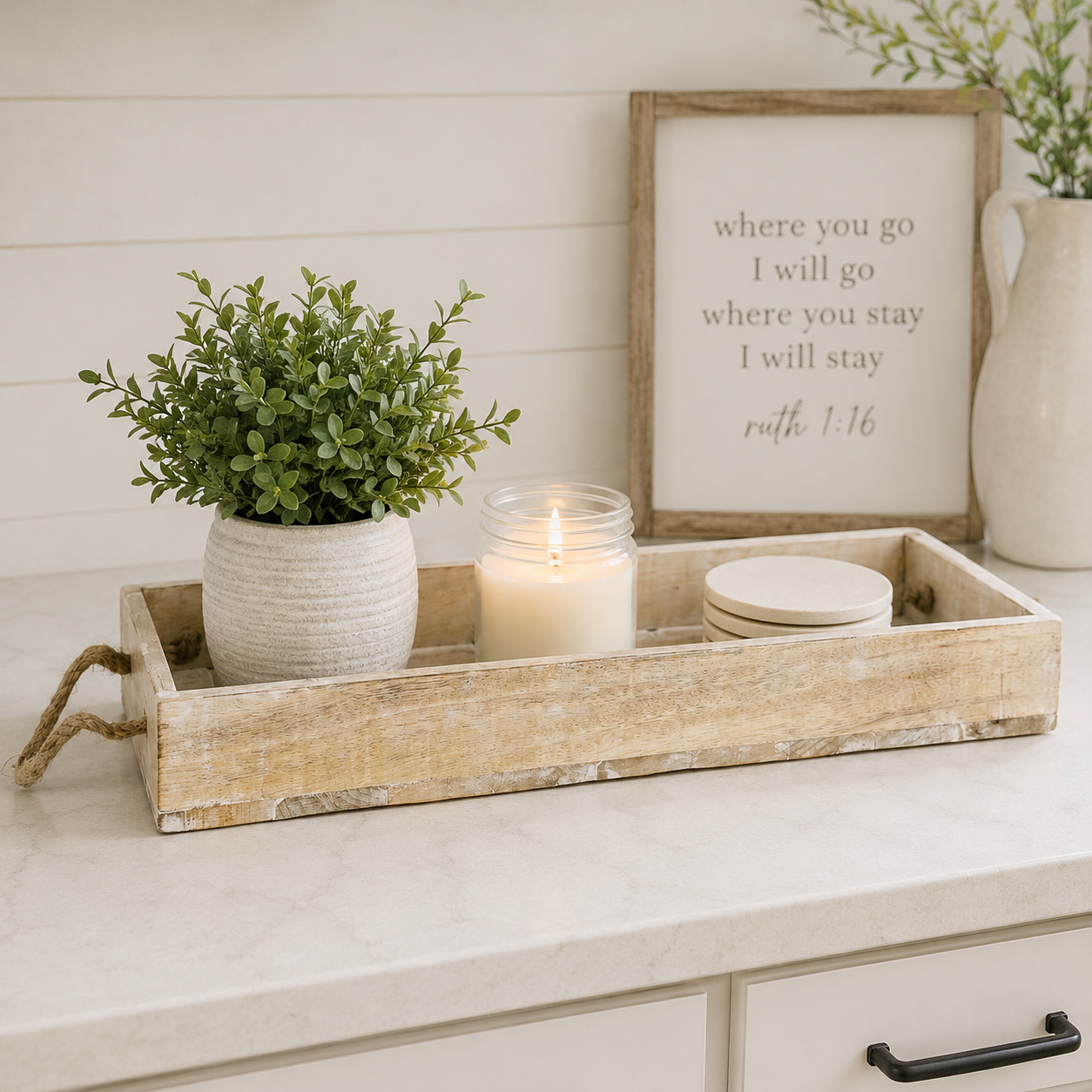20" x 8" Mango Wood Shiplap Tray - Natural White