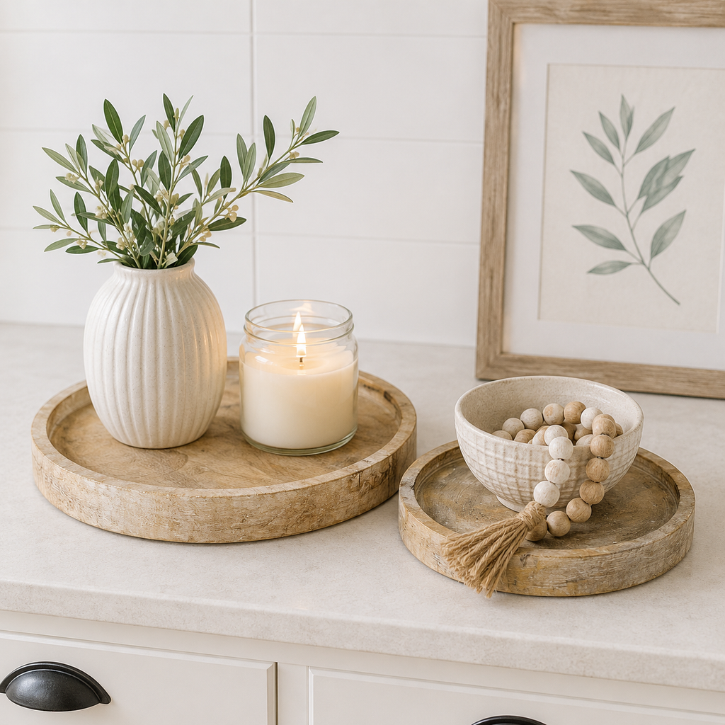 Mango Wood Round Nested Trays - Natural White (Set of 2)