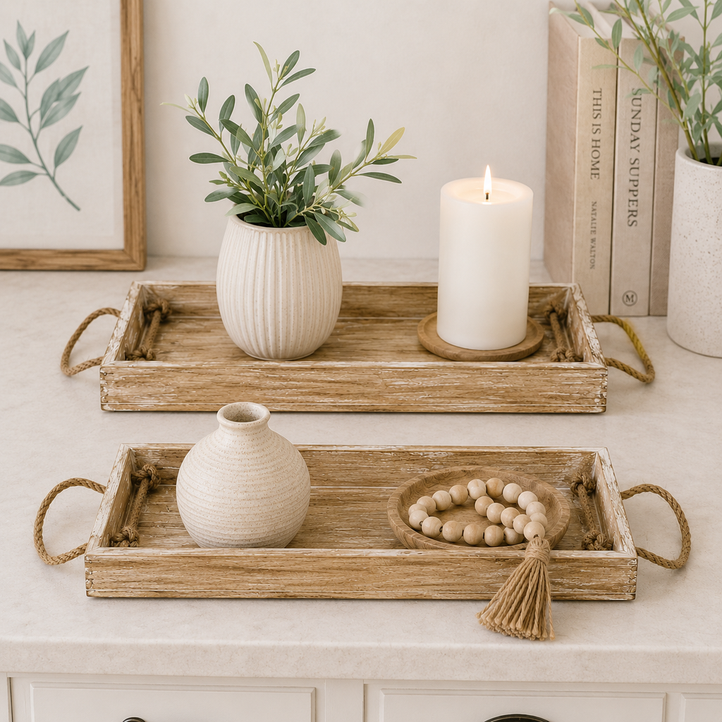 Mango Wood Nested Trays - Natural White (Set of 2)