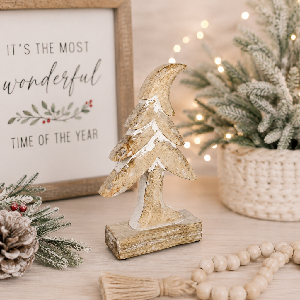 16" Mango Wood Tree Cutout on Stand - White Washed