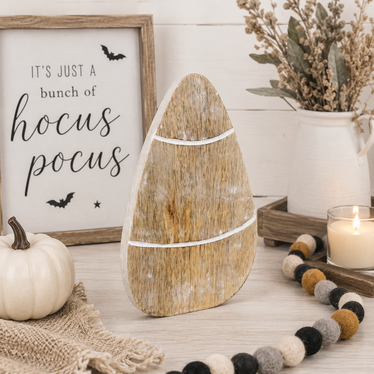 8.75" Mango Wood Cutout - Candy Corn | Natural White