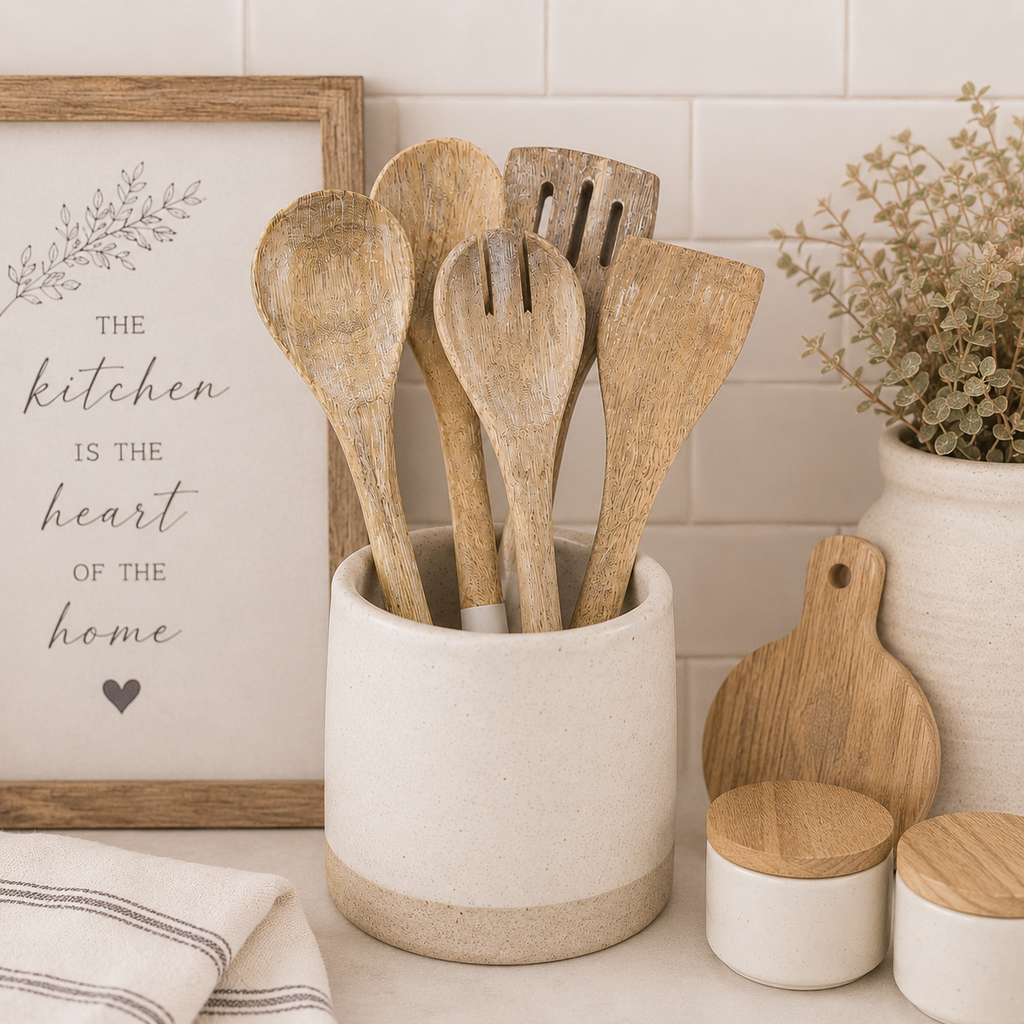 12" Mango Wood Serving Spoons - Natural and White (Set of 5)