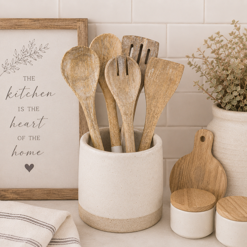 12" Mango Wood Serving Spoons - Natural and White (Set of 5)