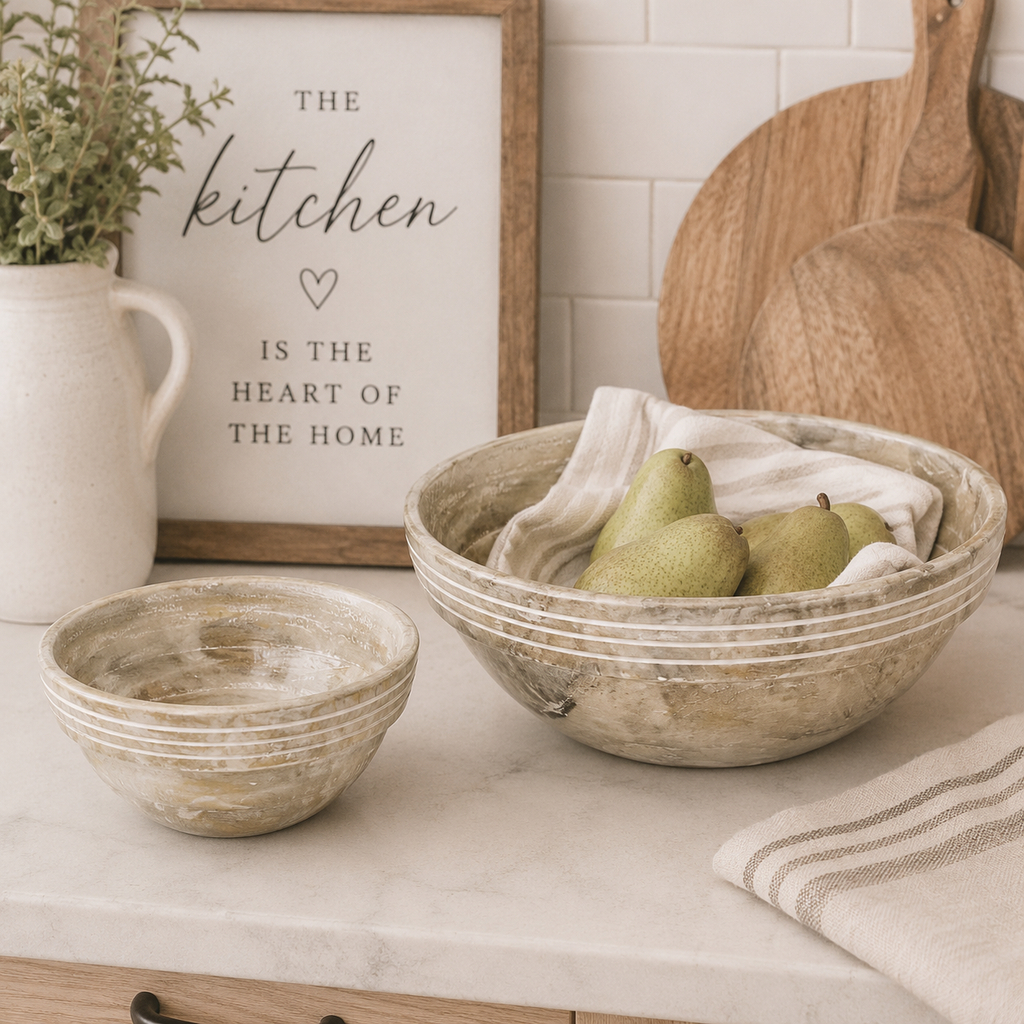 Set of two natural and white mango wood decorative nesting bowls Image 2.