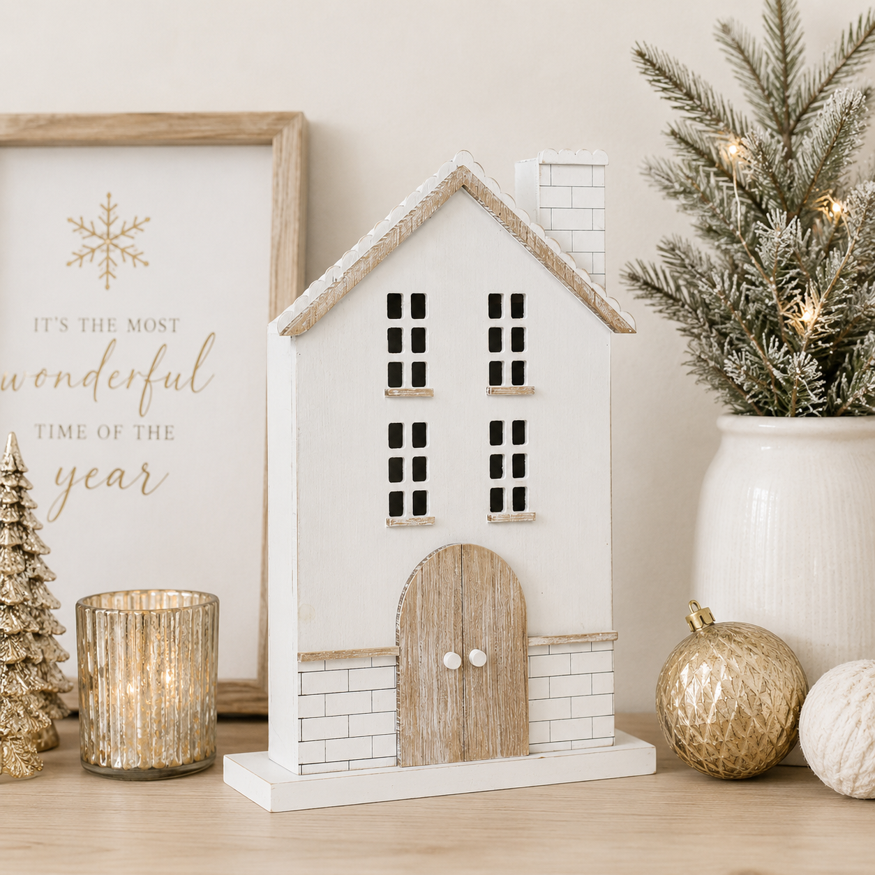 15" Wood Cutout - House | White and Natural