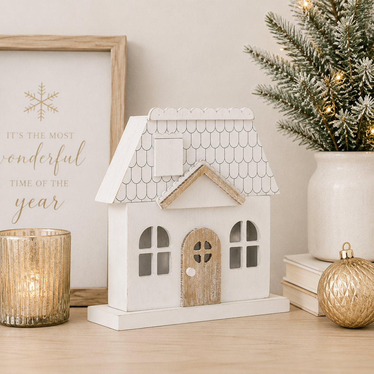 9" x 9" Wood Cutout - House | White and Natural