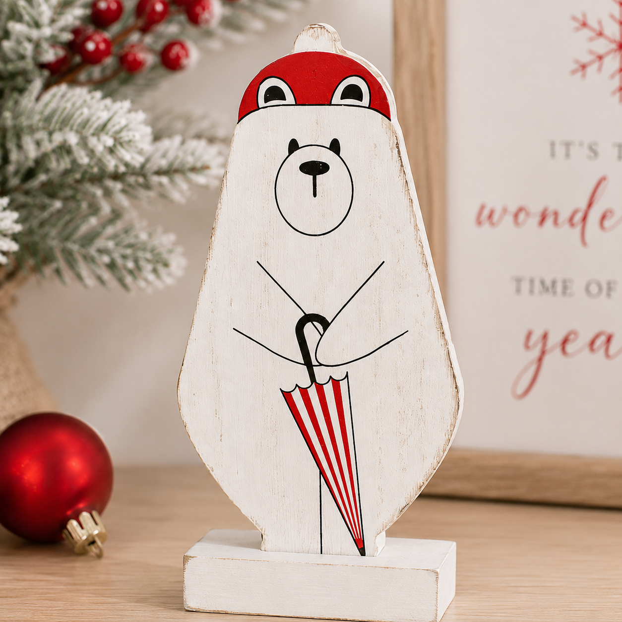 5" Wood Cutout on Base - Polar Bear | White, Red and Black