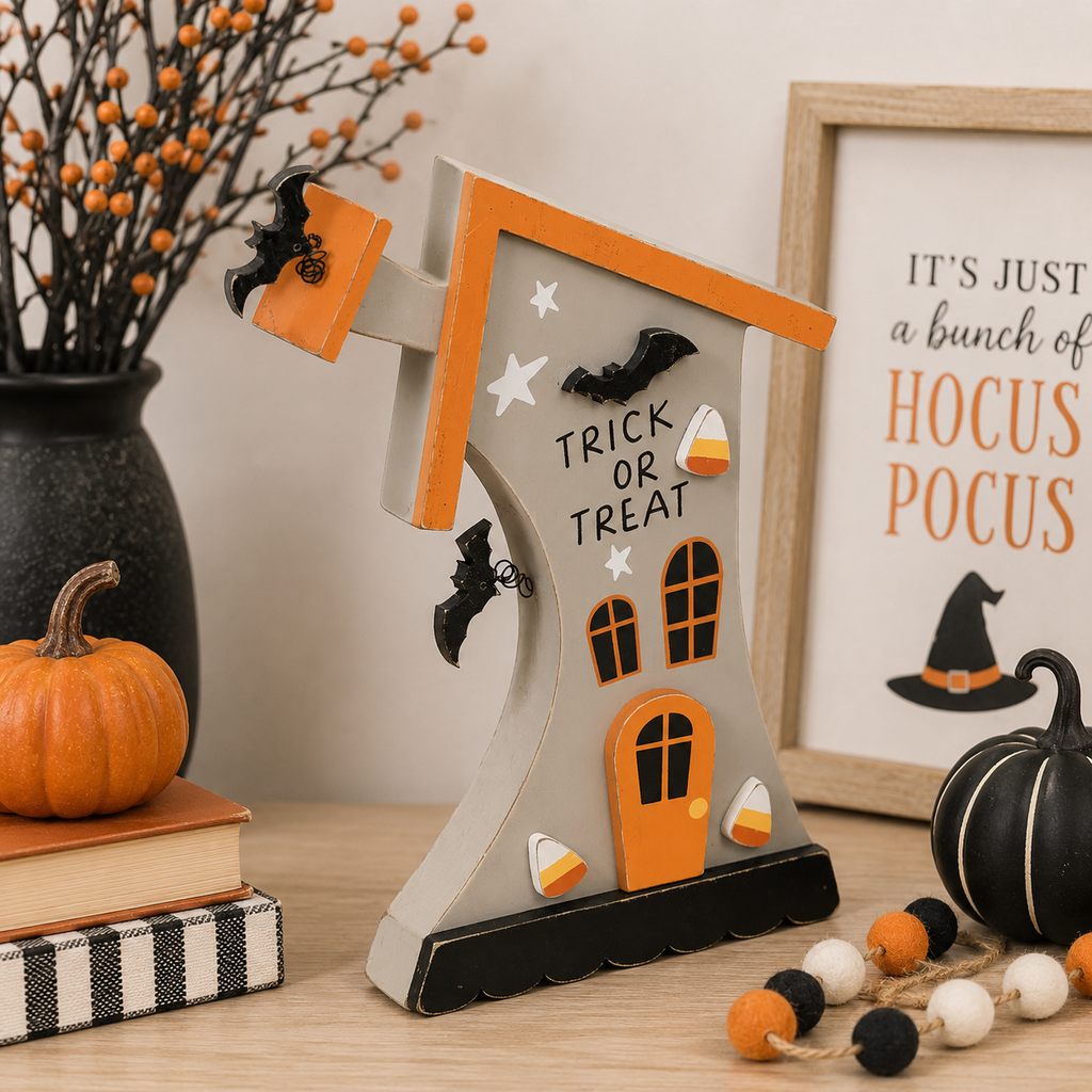 14" Wood Cutout House - Trick | Multicolor