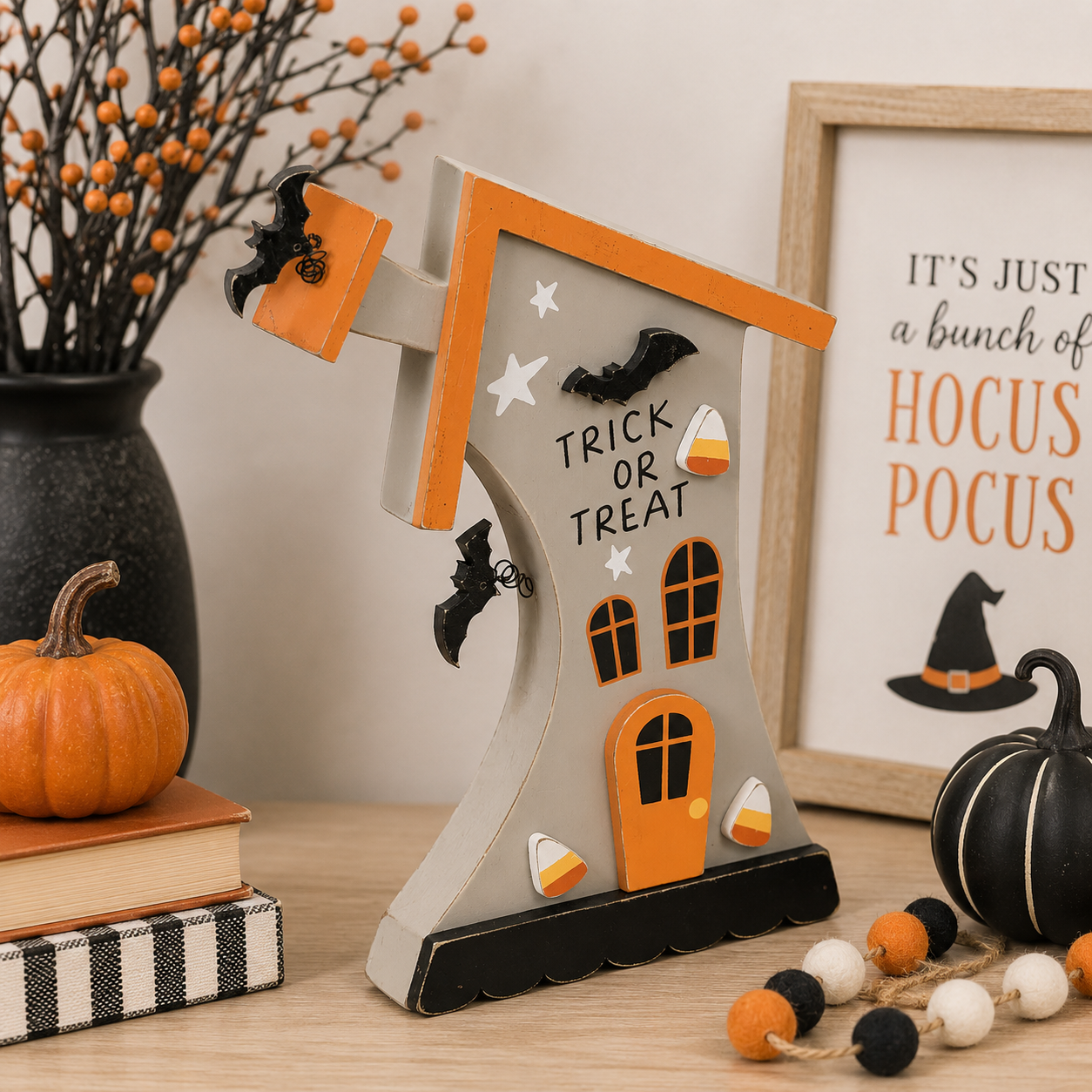 14" Wood Cutout House - Trick | Multicolor