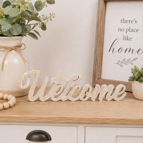13" Wood Cutout - Welcome | Natural