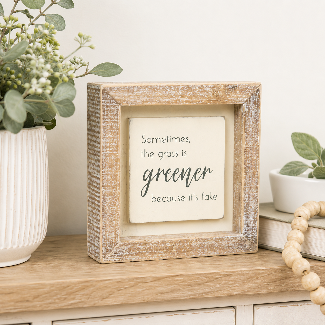 5" Wood Frame Sign - Greener Grass | White and Gray