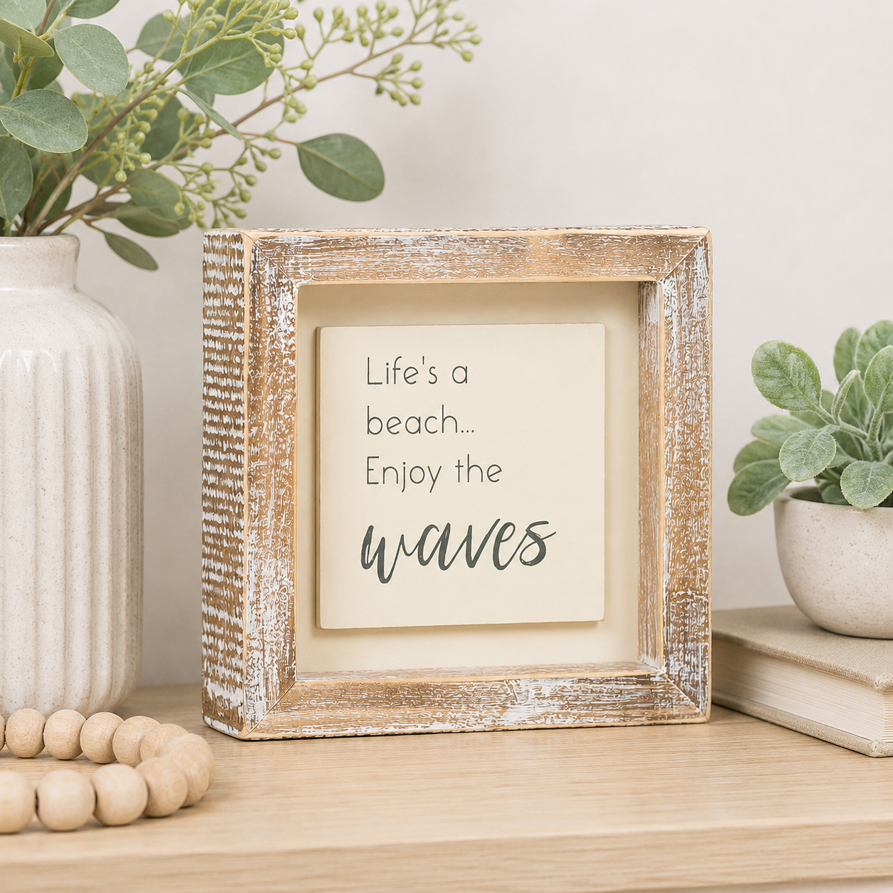 5" Wood Frame Sign - Life's A Beach | White and Gray