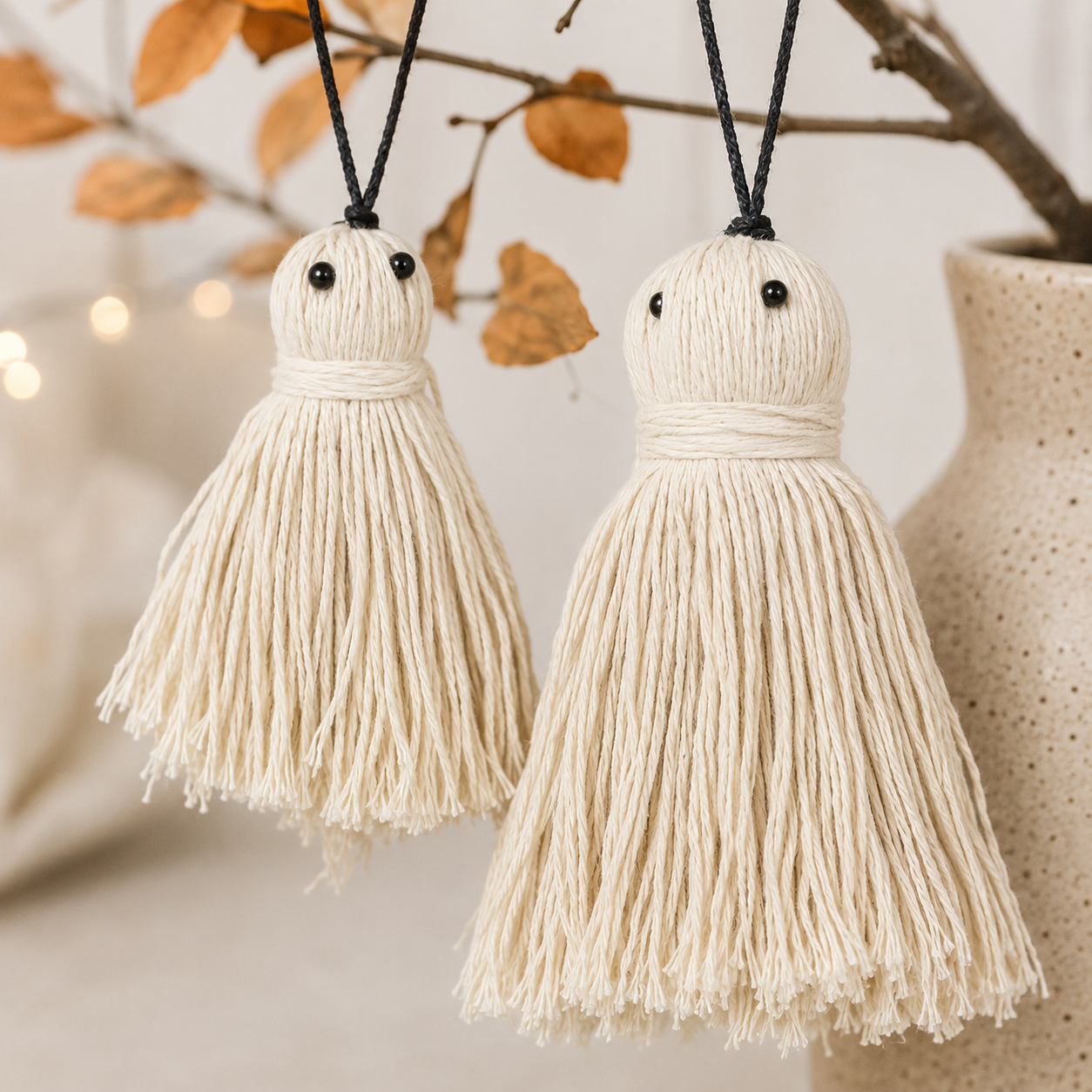 4" and 6" Tassel Ghost Ornaments (Set of 2) - White and Black