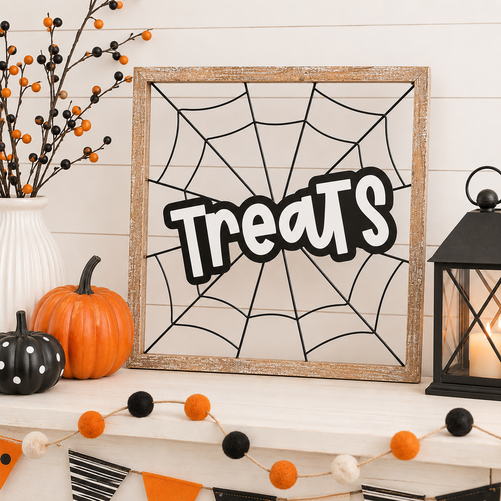 wood framed wall art featuring treats displayed in a styled home interior.