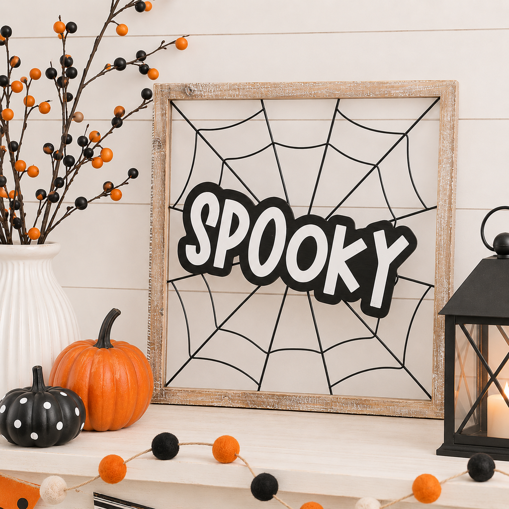 wood framed wall art featuring spooky displayed in a styled home interior.