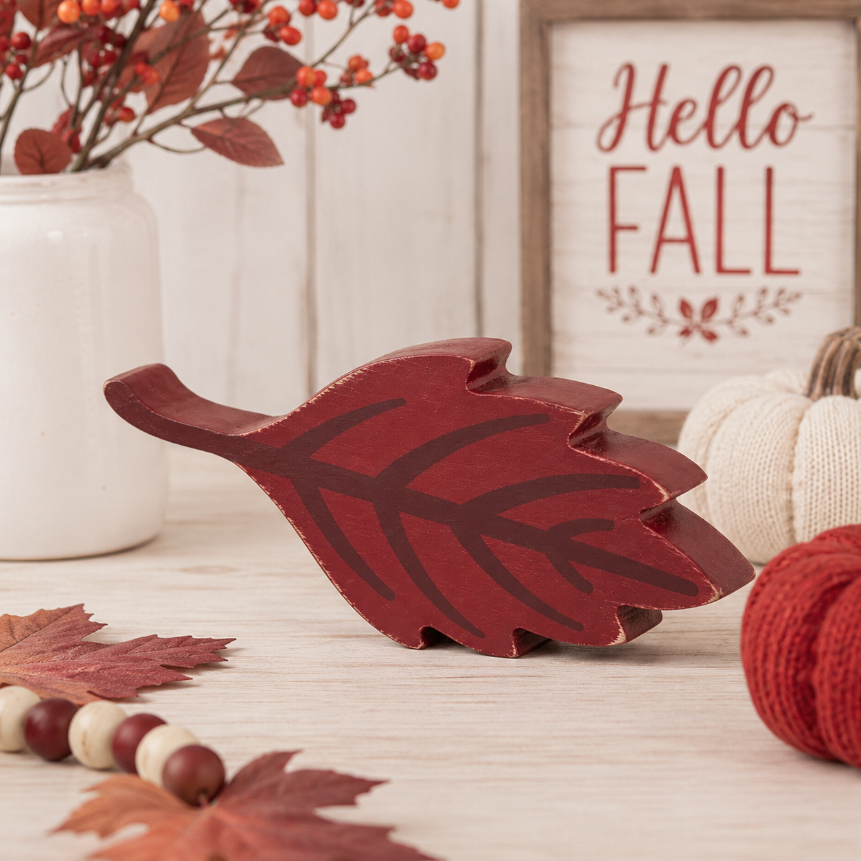 7" Chunky Wood Shape - Leaf | Red and Brown