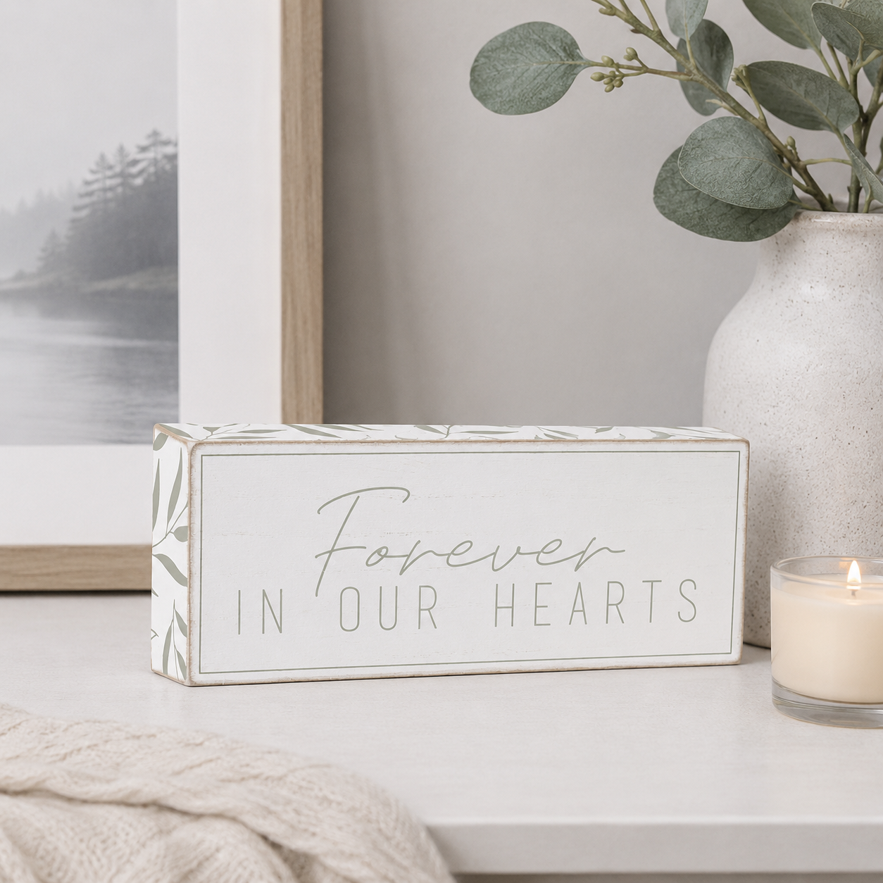 10" x 4" Wood Brick Sign - Forever in Our Hearts | Grey and White